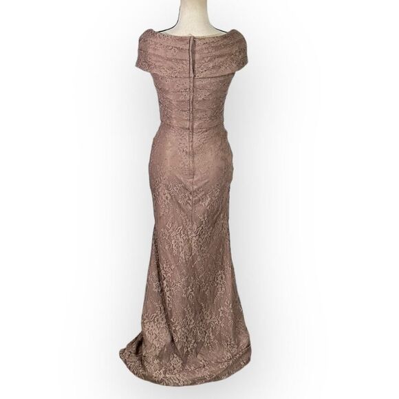 La Femme 27982 Gown Women's 2 Cocoa V-Neck Off Shoulder Knit Lace Long Dress - Picture 5 of 7